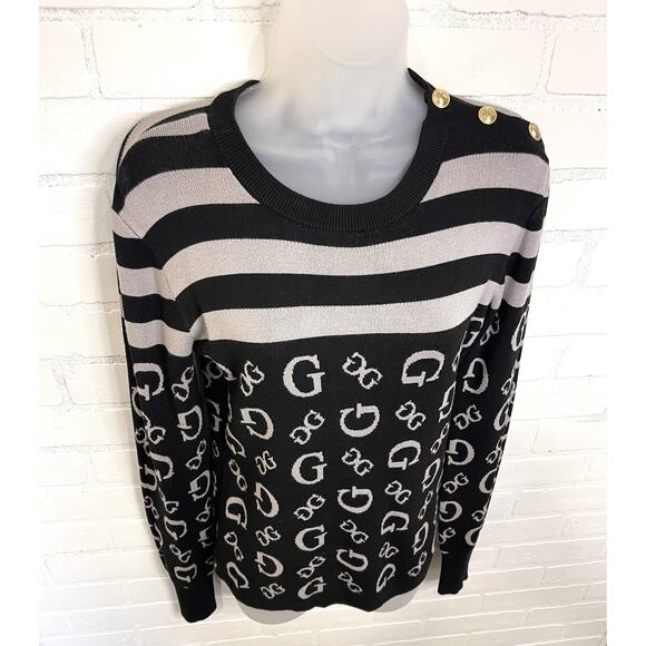 Guess Logo Letter Long Sleeve Classic Pullover Sweater Black/Wh | Womens Large - Picture 3 of 8